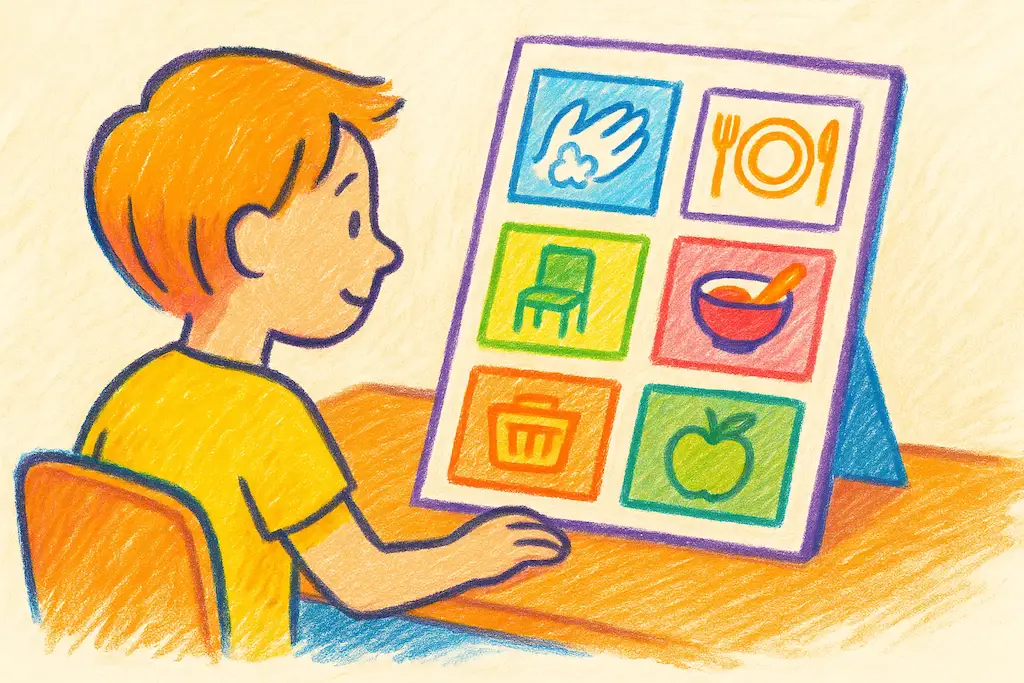 Child looking at mealtime visual plan